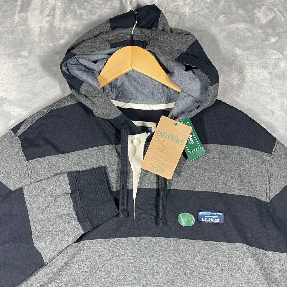 LL Bean Lakewashed Mens Rugby Hoodie Large Striped Gray Black 505095 NWT